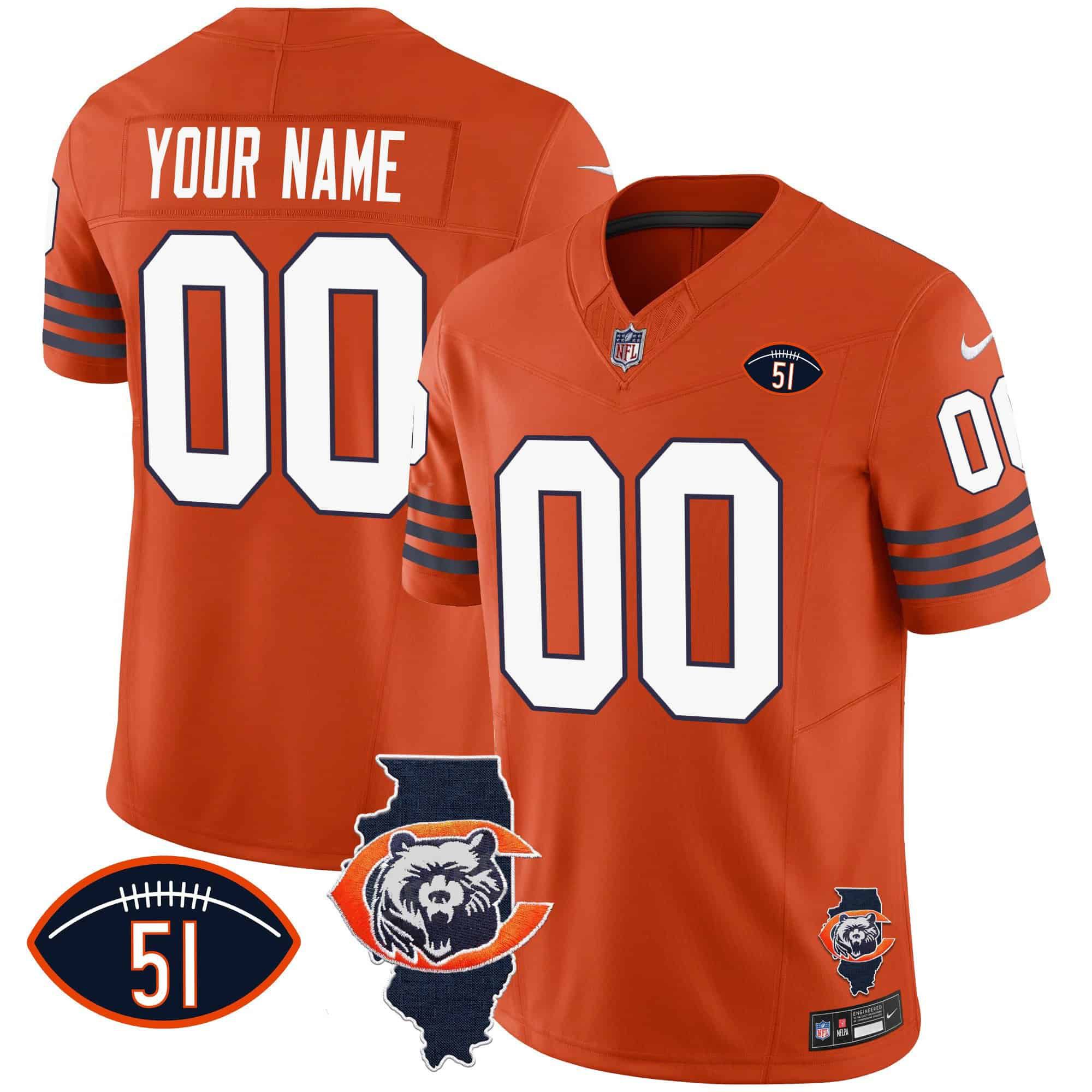 Men Chicago Bears Orange 2024 Nike Throwback Patch Vapor Custom NFL Jersey